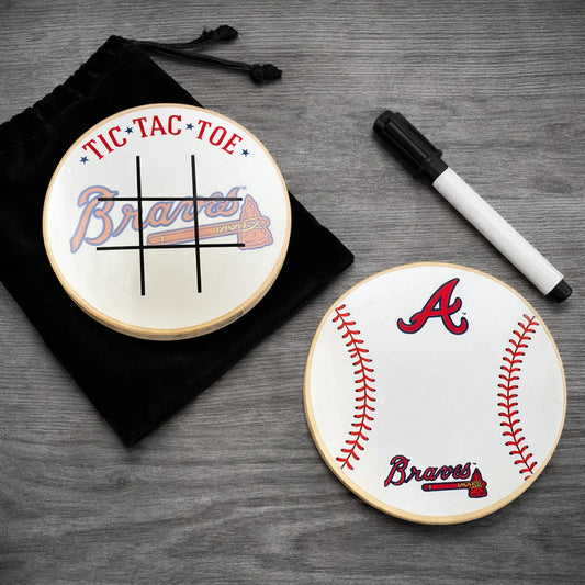 Atlanta Braves Portable Dry Erase Game Board - 6.5" Double-Sided Wooden Tic Tac Toe Travel Set with Marker & Bag
