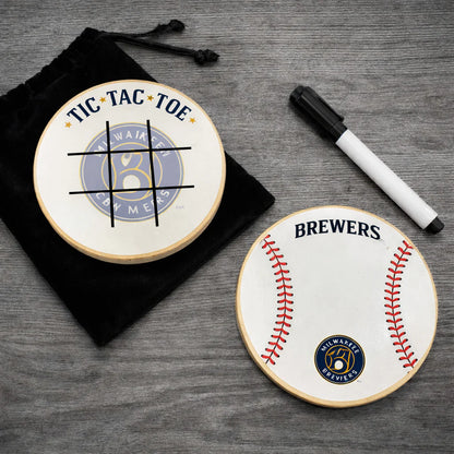 Milwaukee Brewers Portable Dry Erase Game Board - 6.5" Double-Sided Wooden Tic Tac Toe Travel Set with Marker & Bag