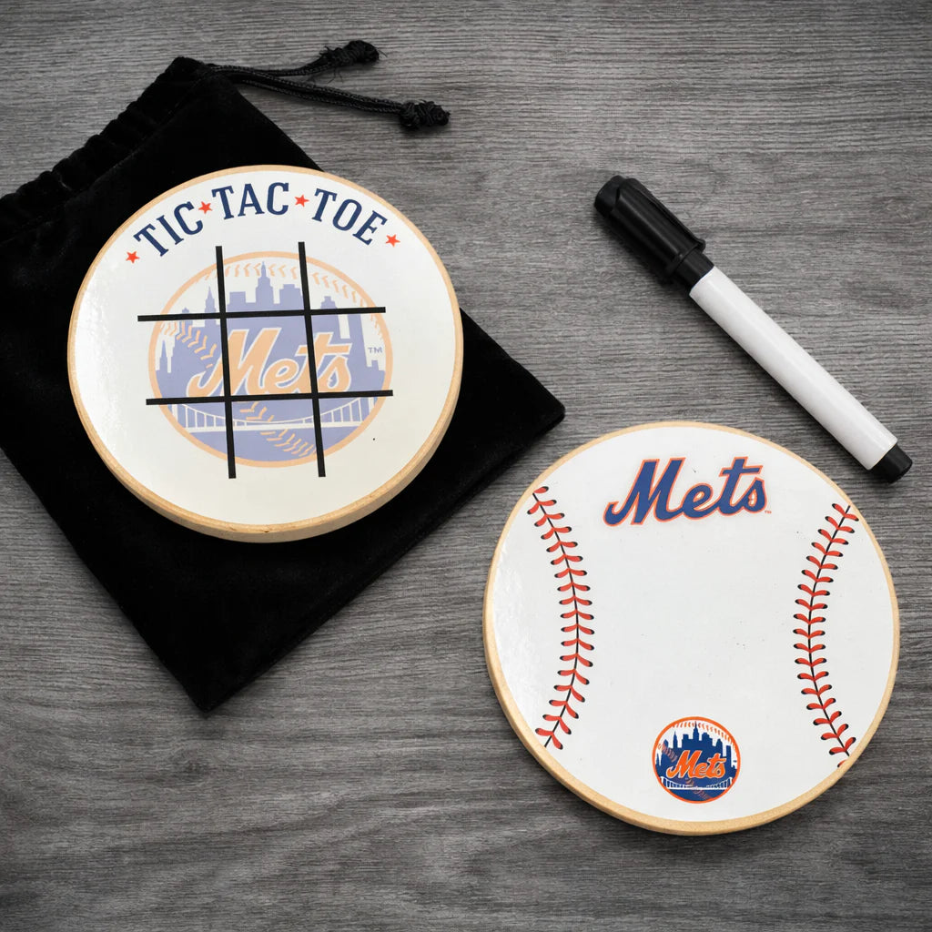 New York Mets Portable Dry Erase Game Board - 6.5" Double-Sided Wooden Tic Tac Toe Travel Set with Marker & Bag