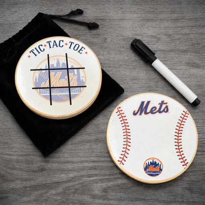 New York Mets Portable Dry Erase Game Board - 6.5" Double-Sided Wooden Tic Tac Toe Travel Set with Marker & Bag